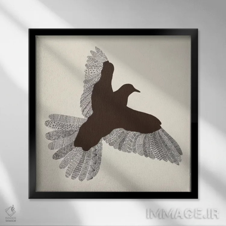 تابلو پرنده روی زمینه بژ اثر فلوران بُدار (هنرمند فرانسوی) - نمای قابدار مشکی