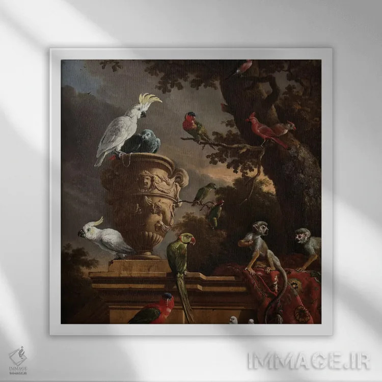 تابلو پرندگان و میمونها اثر فلوران بُدار (هنرمند فرانسوی) - نمای قابدار سفید