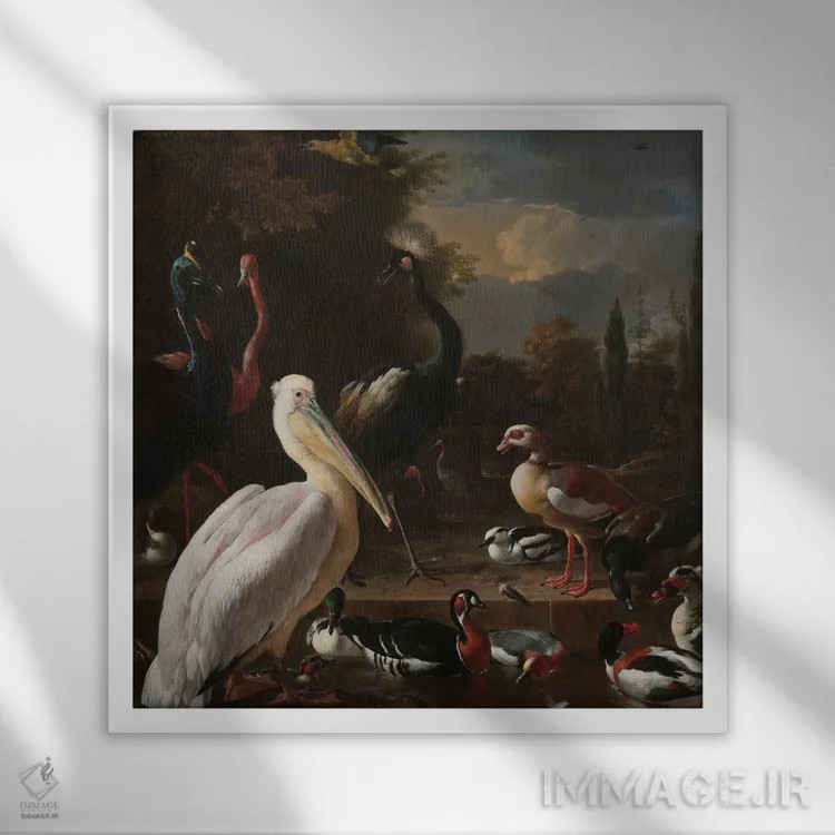 تابلو پرندگان در استخر اثر فلوران بُدار (هنرمند فرانسوی) - نمای قابدار سفید