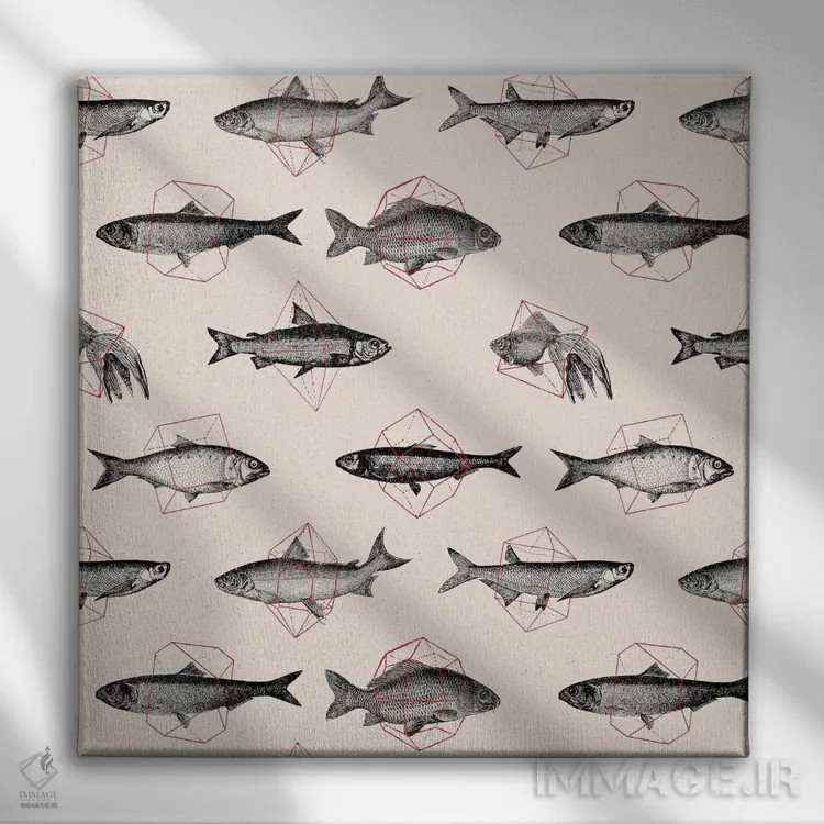 تابلو ماهیها در اشکال هندسی ۱ اثر فلوران بُدار (هنرمند فرانسوی) - نمای روبهرو روی دیوار