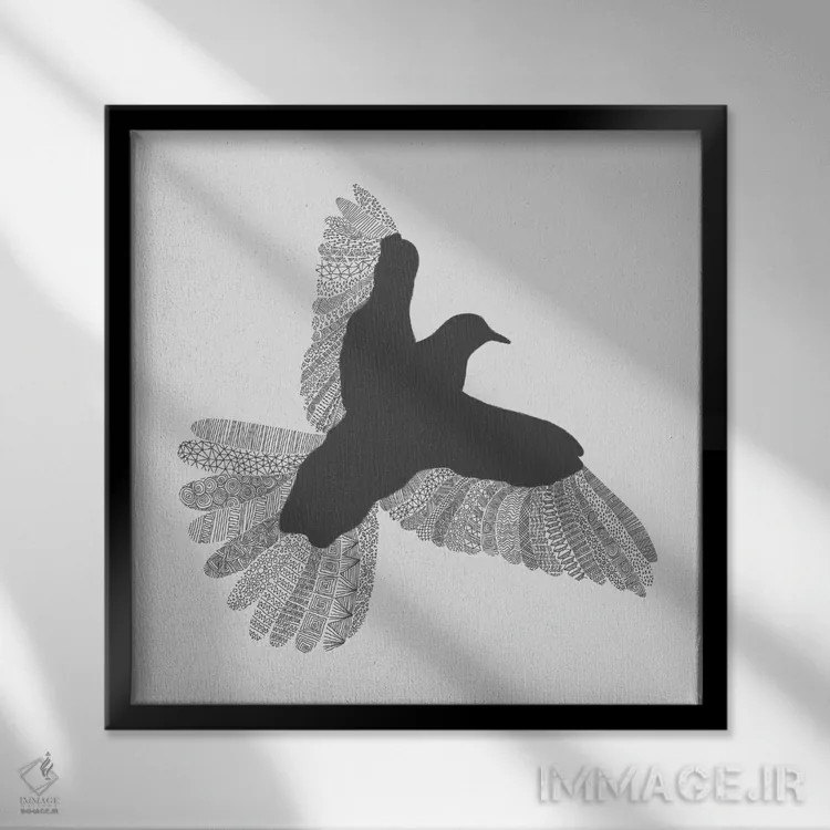 تابلو پرنده روی زمینه خاکستری اثر فلوران بُدار (هنرمند فرانسوی) - نمای قابدار مشکی