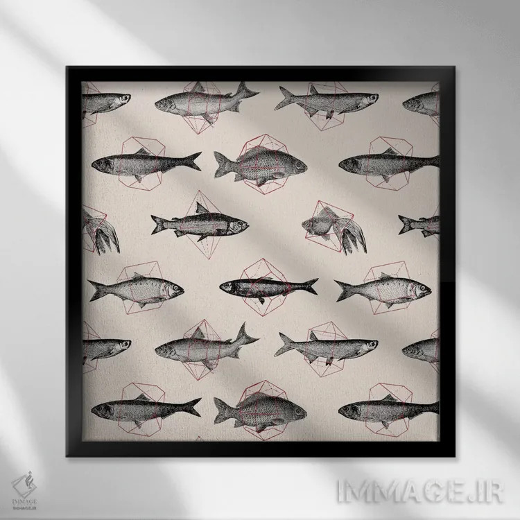 تابلو ماهیها در اشکال هندسی ۱ اثر فلوران بُدار (هنرمند فرانسوی) - نمای قابدار مشکی