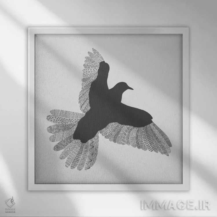 تابلو پرنده روی زمینه خاکستری اثر فلوران بُدار (هنرمند فرانسوی) - نمای قابدار سفید