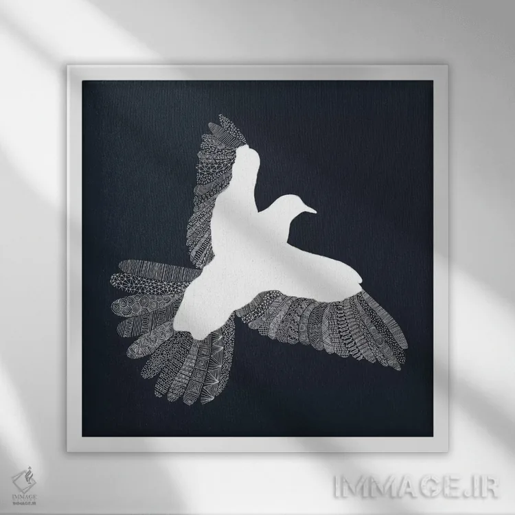 تابلو پرنده روی زمینه آبی اثر فلوران بُدار (هنرمند فرانسوی) - نمای قابدار سفید