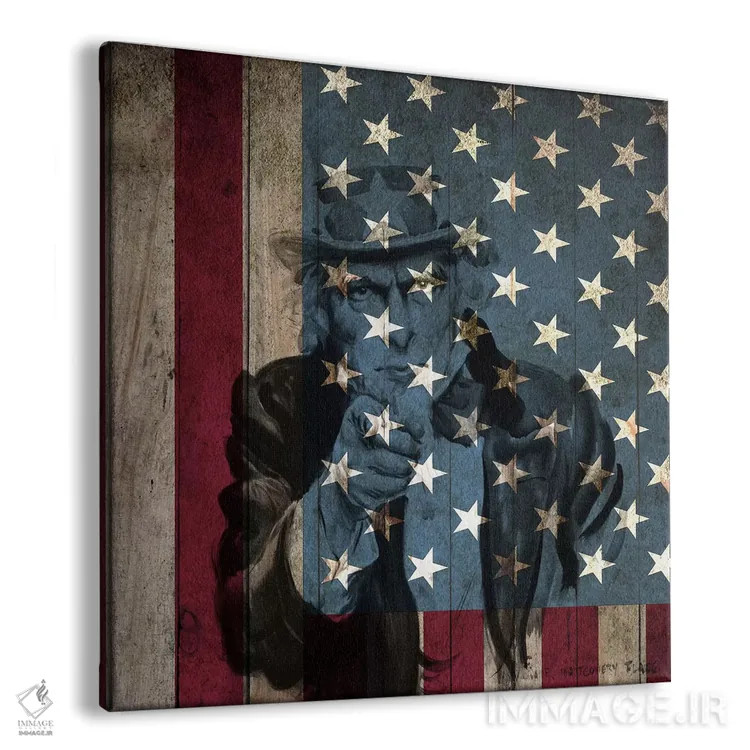 تابلو پرچم آمریکا در نمای نزدیک (پسزمینه عمو سام اثر جیمز مونتگومری فلاگ) اثر آیکانواس (شرکت چاپ هنری) - نمای پرسپکتیو محصول