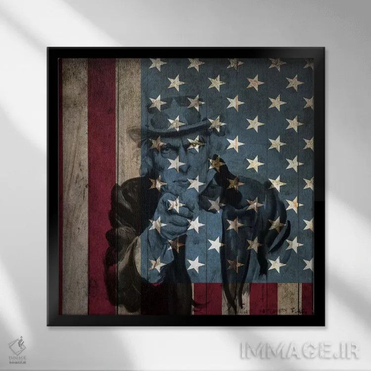 تابلو پرچم آمریکا در نمای نزدیک (پسزمینه عمو سام اثر جیمز مونتگومری فلاگ) اثر آیکانواس (شرکت چاپ هنری) - نمای قابدار مشکی