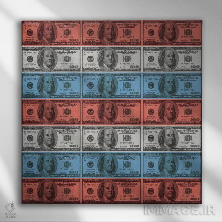 تابلو یکصد دلاری و نوارهای پرچم آمریکا اثر آیکانواس (شرکت چاپ هنری) - نمای روبهرو روی دیوار