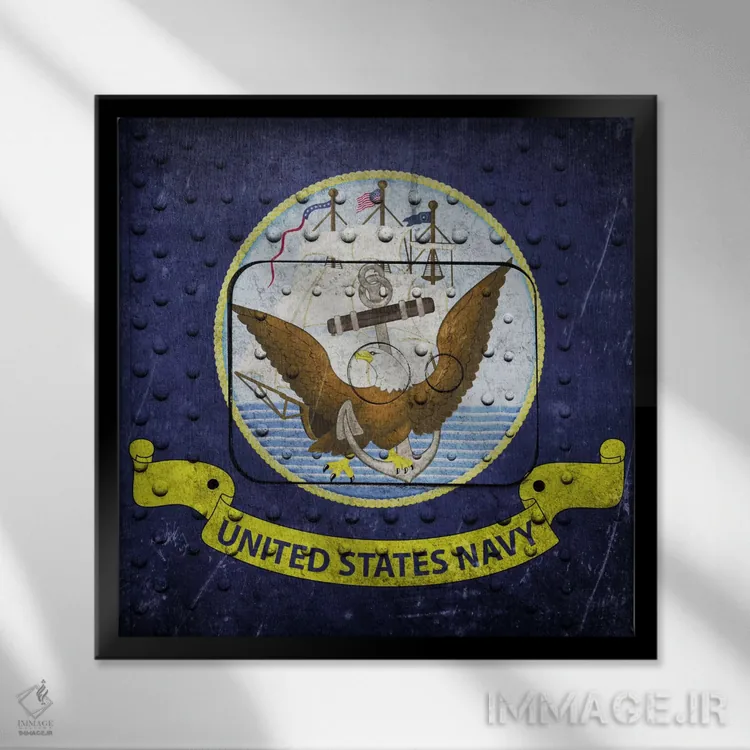 تابلو پرچم نیروی دریایی آمریکا (پسزمینه پنل کشتی جنگی پرچ شده) ۲ اثر آیکانواس (شرکت چاپ هنری) - نمای قابدار مشکی