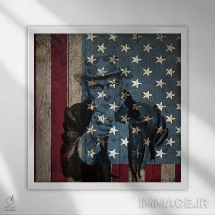 تابلو پرچم آمریکا در نمای نزدیک (پسزمینه عمو سام اثر جیمز مونتگومری فلاگ) اثر آیکانواس (شرکت چاپ هنری) - نمای قابدار سفید