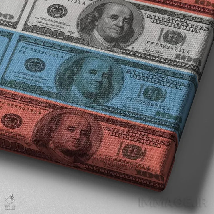 تابلو یکصد دلاری و نوارهای پرچم آمریکا اثر آیکانواس (شرکت چاپ هنری) - نمای نزدیک بافت بوم