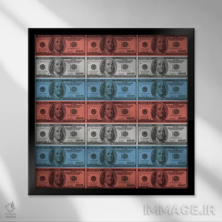 تابلو یکصد دلاری و نوارهای پرچم آمریکا اثر آیکانواس (شرکت چاپ هنری) - نمای قابدار مشکی