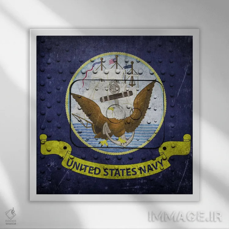 تابلو پرچم نیروی دریایی آمریکا (پسزمینه پنل کشتی جنگی پرچ شده) ۲ اثر آیکانواس (شرکت چاپ هنری) - نمای قابدار سفید