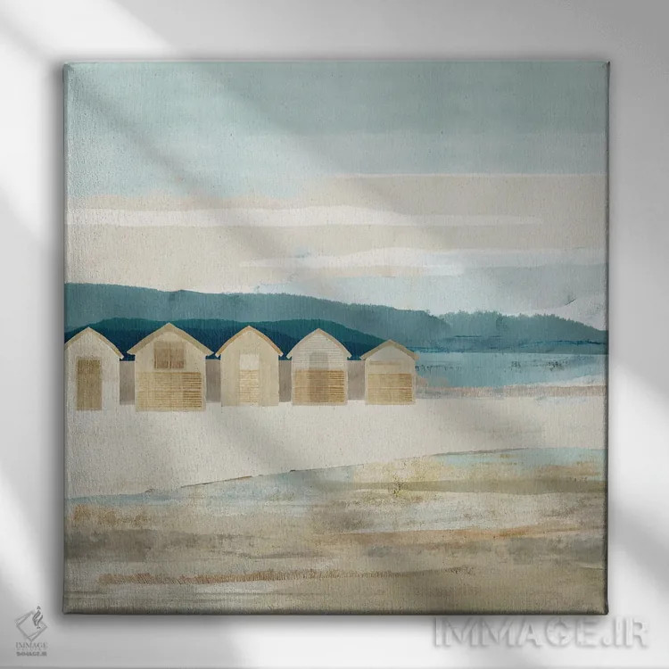 تابلو کلبههای ساحل سنگی ۱ اثر فلورا کوتا - نمای روبهرو روی دیوار