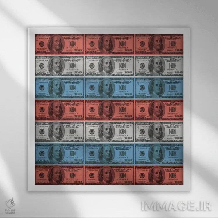 تابلو یکصد دلاری و نوارهای پرچم آمریکا اثر آیکانواس (شرکت چاپ هنری) - نمای قابدار سفید
