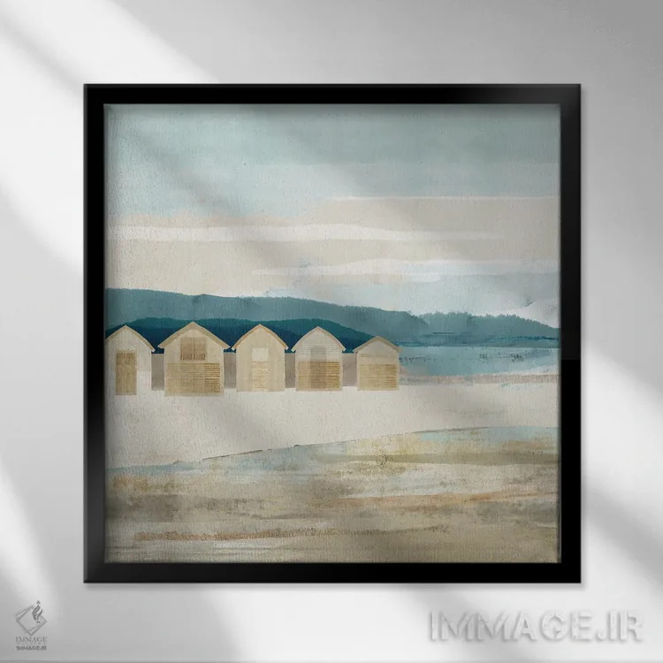 تابلو کلبههای ساحل سنگی ۱ اثر فلورا کوتا - نمای قابدار مشکی