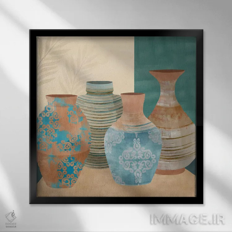 تابلو ظروف سفالی ۲ اثر فلورا کوتا - نمای قابدار مشکی