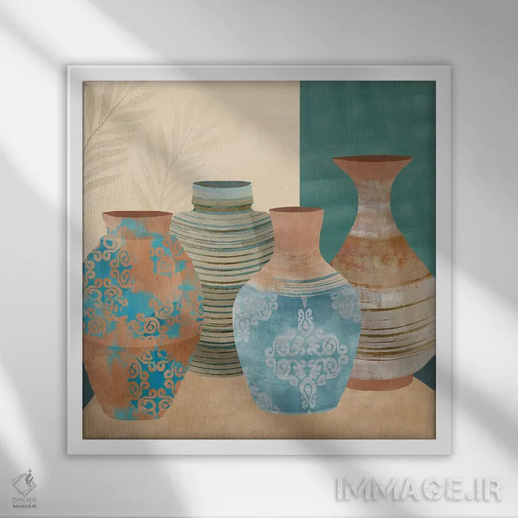 تابلو ظروف سفالی ۲ اثر فلورا کوتا - نمای قابدار سفید