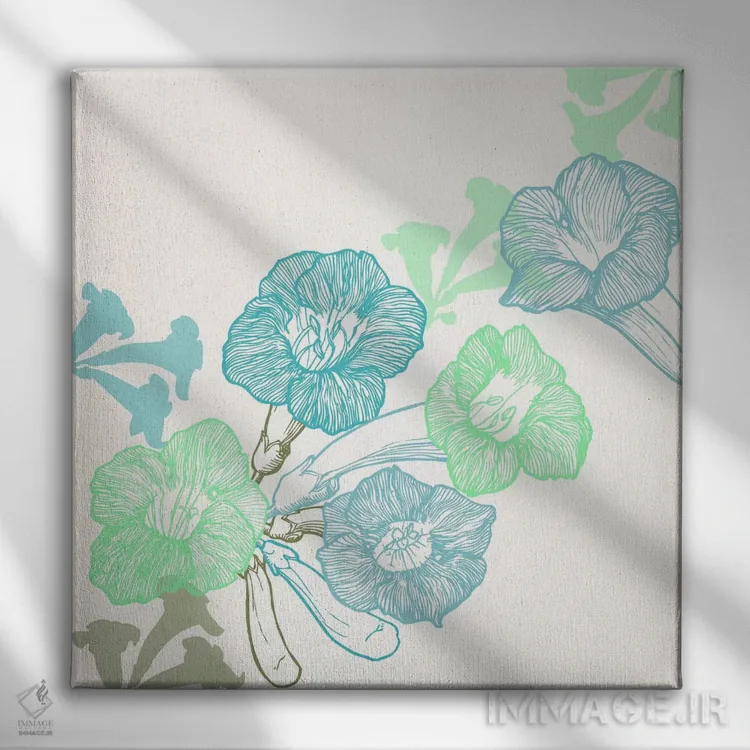 تابلو بنفشهها و برگها (سبز و آبی) اثر فایو بای فایو کالکتیو - نمای روبهرو روی دیوار