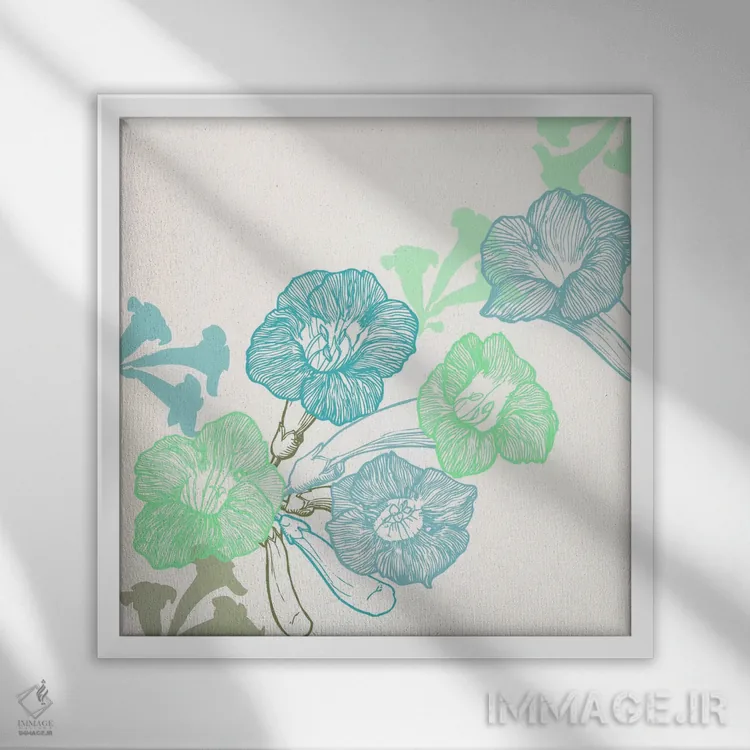 تابلو بنفشهها و برگها (سبز و آبی) اثر فایو بای فایو کالکتیو - نمای قابدار سفید