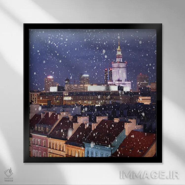 تابلو برف ابتدا روی پشتبامها میافتد، ورشو اثر فلوریان اولبرشتس - نمای قابدار مشکی