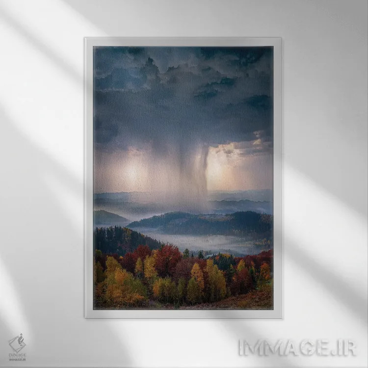 تابلو باران پاییزی سنگین اثر برنت شاونور - نمای قابدار سفید