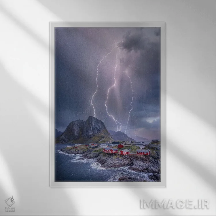 تابلو چراغهای نروژ (یا شفق قطبی) اثر برنت شاونور - نمای قابدار سفید