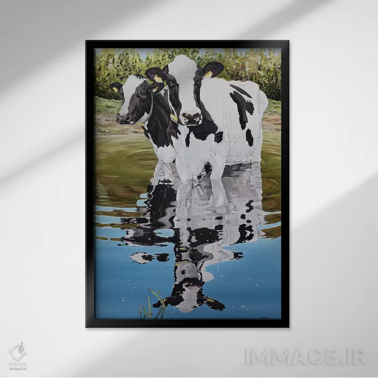 تابلو دو گاو در جویبار اثر کلارا باستین - نمای قابدار مشکی