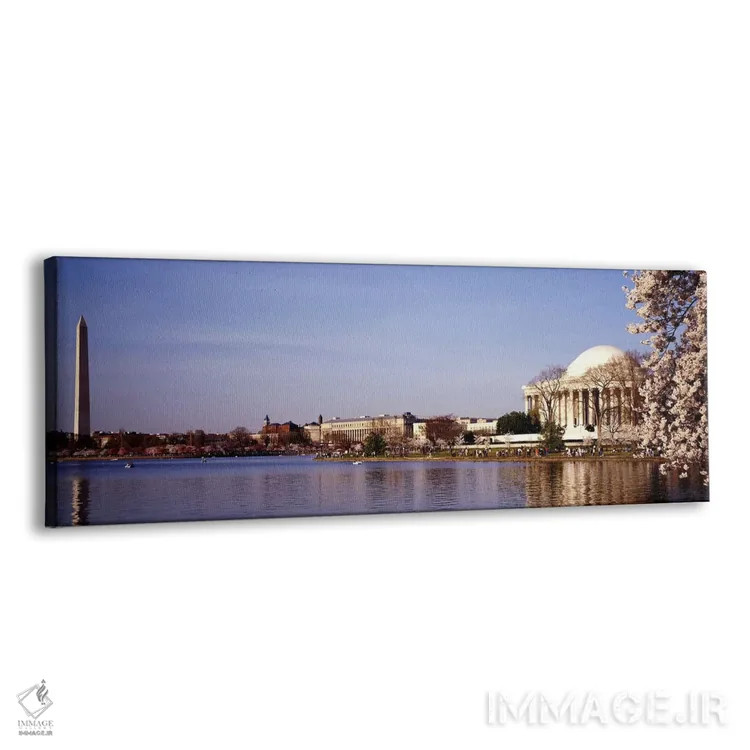 تابلو Washington DC, Washington Monument and Jefferson Memorial, Tourists outside the memorial,آمریکا، واشنگتن دیسی، بنای یادبود واشنگتن و یادمان جفرسون، گردشگران بیرون یادمان اثر پانورامیک ایمجز (استودیو عکاسی عریض) - نمای پرسپکتیو محصول