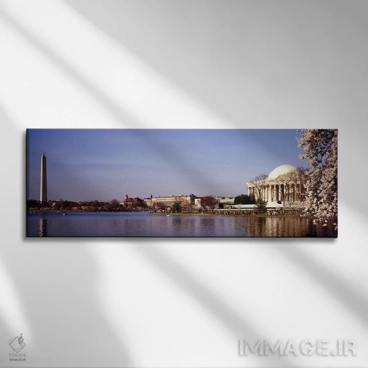 تابلو Washington DC, Washington Monument and Jefferson Memorial, Tourists outside the memorial,آمریکا، واشنگتن دیسی، بنای یادبود واشنگتن و یادمان جفرسون، گردشگران بیرون یادمان اثر پانورامیک ایمجز (استودیو عکاسی عریض) - نمای روبهرو روی دیوار