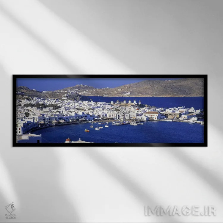 تابلو Mykonos, Cyclades, Greece,نمای بالا از شهر قدیمی میکونوس، سیکلادس، یونان اثر پانورامیک ایمجز (استودیو عکاسی عریض) - نمای قابدار مشکی