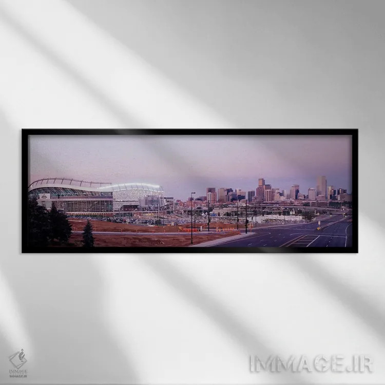 تابلو Colorado, Denver, Invesco Stadium, Skyline at dusk,آمریکا، کلرادو، دنور، ورزشگاه اینوسکو، چشمانداز آسمان در غروب اثر پانورامیک ایمجز (استودیو عکاسی عریض) - نمای قابدار مشکی