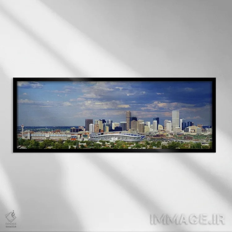 تابلو Colorado, Denver, Invesco Stadium, High angle view of the city,آمریکا، کلرادو، دنور، ورزشگاه اینوسکو، نمای بالا از شهر اثر پانورامیک ایمجز (استودیو عکاسی عریض) - نمای قابدار مشکی