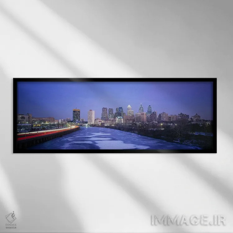تابلو Philadelphia, Pennsylvania, USA,ساختمانهای روشنشده در شب، فیلادلفیا، پنسیلوانیا، آمریکا اثر پانورامیک ایمجز (استودیو عکاسی عریض) - نمای قابدار مشکی