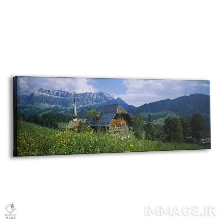 تابلو Emmental, Switzerland,کلبه و کلیسا در چشم‌انداز، اِمنتال، سوییس اثر پانورامیک ایمجز (استودیو عکاسی عریض) - نمای پرسپکتیو محصول