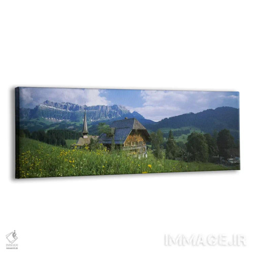 تابلو Emmental, Switzerland,کلبه و کلیسا در چشمانداز، اِمنتال، سوییس اثر پانورامیک ایمجز (استودیو عکاسی عریض) - نمای پرسپکتیو محصول