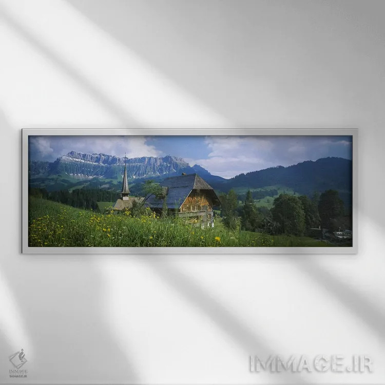 تابلو Emmental, Switzerland,کلبه و کلیسا در چشمانداز، اِمنتال، سوییس اثر پانورامیک ایمجز (استودیو عکاسی عریض) - نمای قابدار سفید