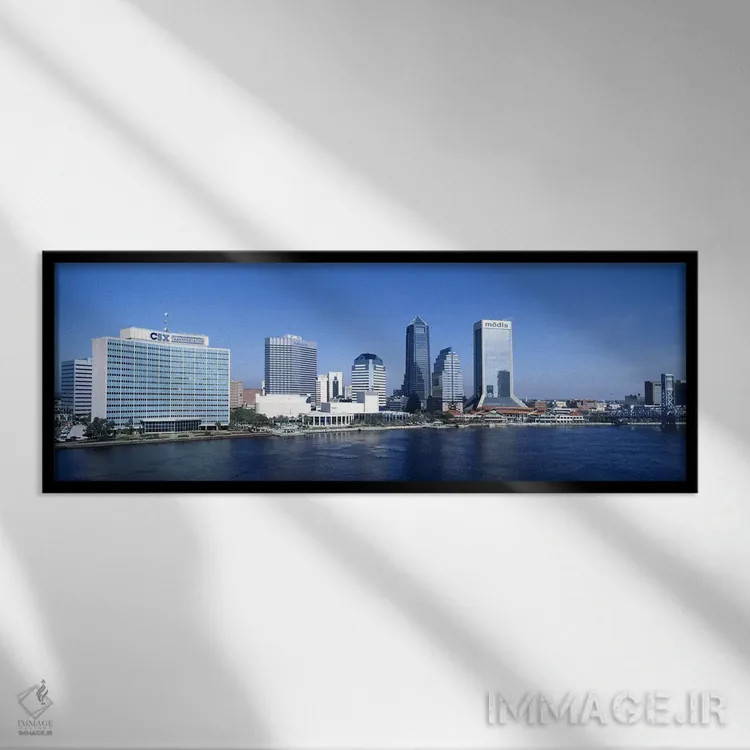 تابلو St. John's River, Jacksonville, Florida, USA,ساختمانها در کنار رود سنت جانز، جکسونویل، فلوریدا، آمریکا اثر پانورامیک ایمجز (استودیو عکاسی عریض) - نمای قابدار مشکی