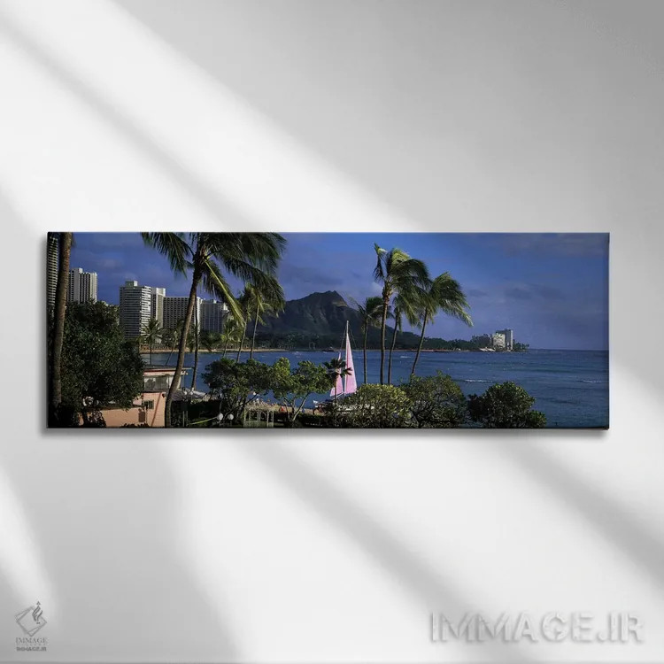 تابلو Diamond Head, Waikiki Beach, Oahu, Honolulu, Hawaii, USA,نخلها در ساحل، دایموند هد، ساحل وایکیکی، اوآهو، هونولولو، هاوایی، آمریکا اثر پانورامیک ایمجز (استودیو عکاسی عریض) - نمای روبهرو روی دیوار