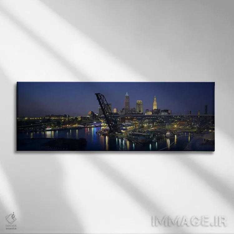 تابلو Ohio, USA,آسمانخراشهای روشنشده در شب در یک شهر، کلیولند، اوهایو، آمریکا اثر پانورامیک ایمجز (استودیو عکاسی عریض) - نمای روبهرو روی دیوار
