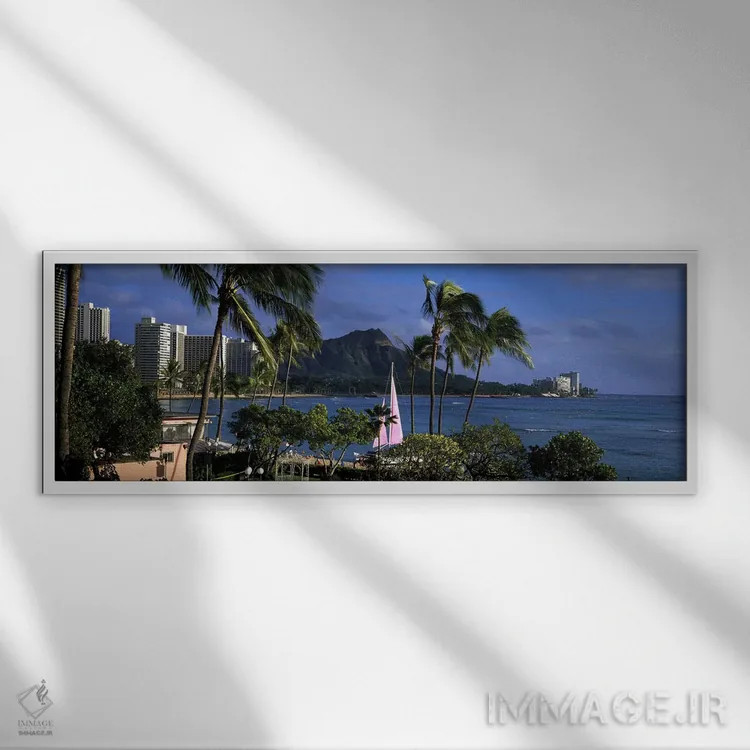 تابلو Diamond Head, Waikiki Beach, Oahu, Honolulu, Hawaii, USA,نخلها در ساحل، دایموند هد، ساحل وایکیکی، اوآهو، هونولولو، هاوایی، آمریکا اثر پانورامیک ایمجز (استودیو عکاسی عریض) - نمای قابدار سفید
