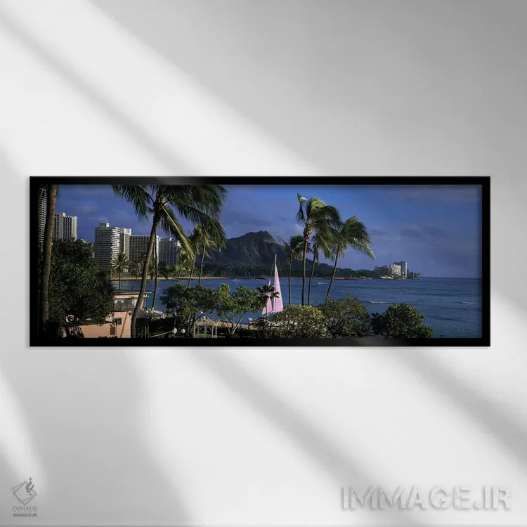 تابلو Diamond Head, Waikiki Beach, Oahu, Honolulu, Hawaii, USA,نخلها در ساحل، دایموند هد، ساحل وایکیکی، اوآهو، هونولولو، هاوایی، آمریکا اثر پانورامیک ایمجز (استودیو عکاسی عریض) - نمای قابدار مشکی