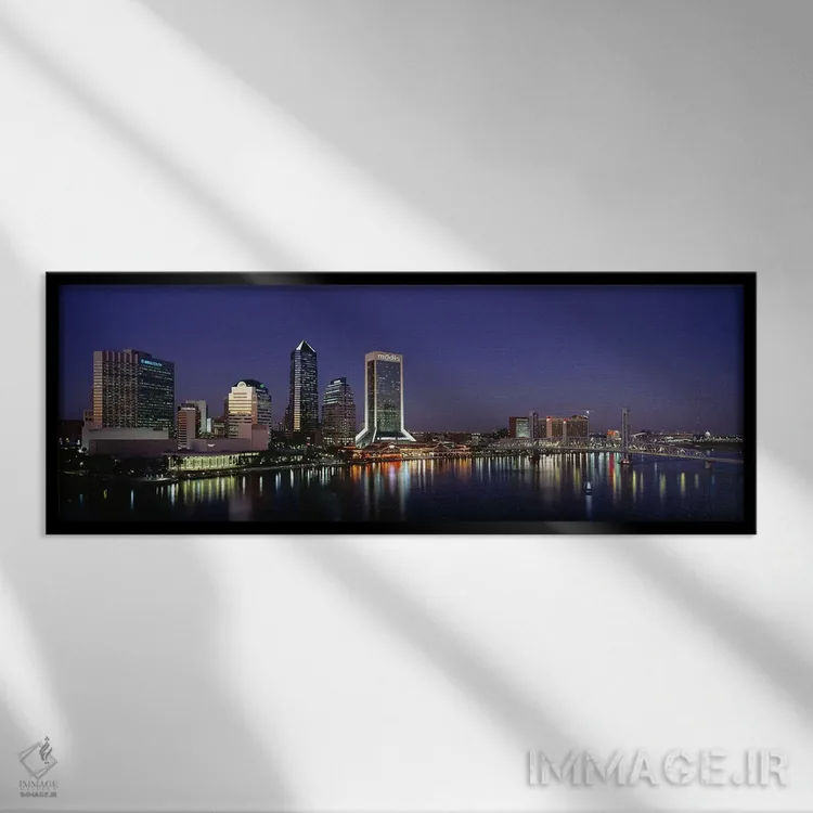 تابلو Jacksonville, Florida, USA,ساختمانهای روشنشده در شب، جکسونویل، فلوریدا، آمریکا اثر پانورامیک ایمجز (استودیو عکاسی عریض) - نمای قابدار مشکی
