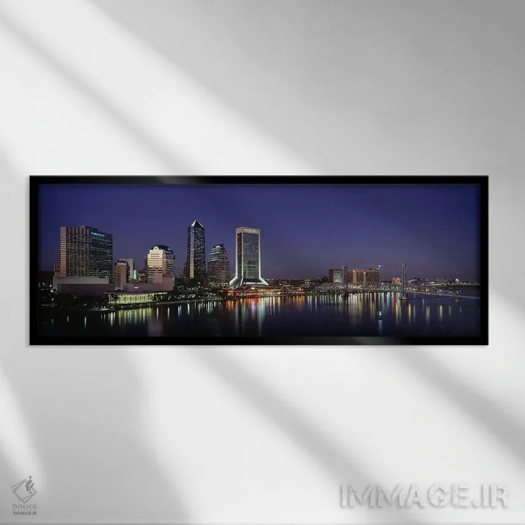تابلو Jacksonville, Florida, USA,ساختمانهای روشنشده در شب، جکسونویل، فلوریدا، آمریکا اثر پانورامیک ایمجز (استودیو عکاسی عریض) - نمای قابدار مشکی