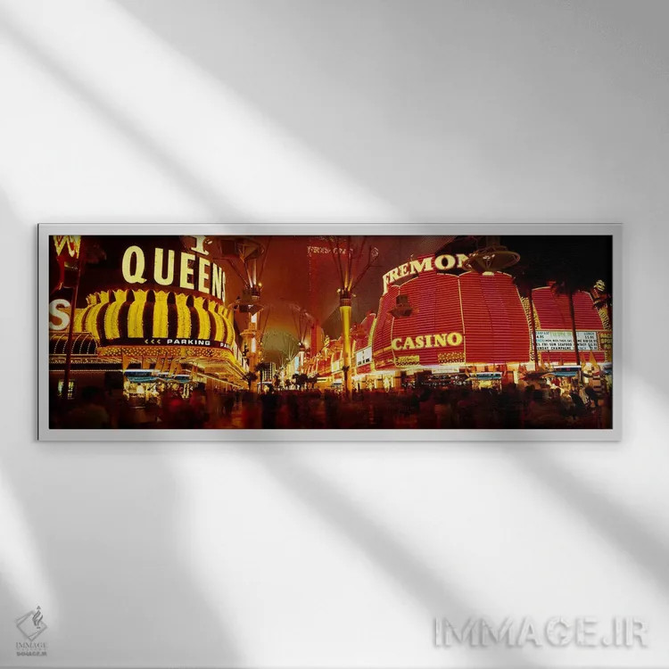 تابلو Fremont Street, Las Vegas, Nevada, USA,کازینوی روشنشده در شب، خیابان فرمانت، لاس وگاس، نوادا، آمریکا اثر پانورامیک ایمجز (استودیو عکاسی عریض) - نمای قابدار سفید