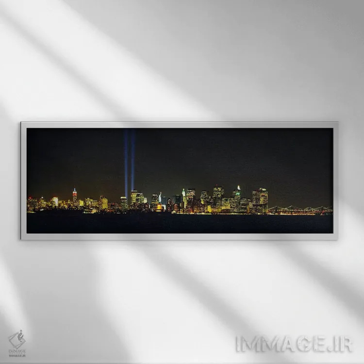 تابلو New York City, New York, USA,ادای احترام در نور، نیویورک سیتی، نیویورک، آمریکا (نمایش نور به یاد قربانیان) اثر پانورامیک ایمجز (استودیو عکاسی عریض) - نمای قابدار سفید