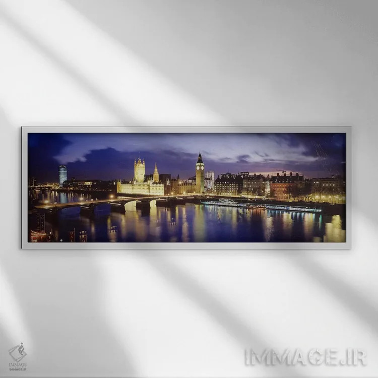 تابلو London, England, United Kingdom,کاخ وستمینستر در شب ۲، لندن، انگلستان اثر پانورامیک ایمجز (استودیو عکاسی عریض) - نمای قابدار سفید