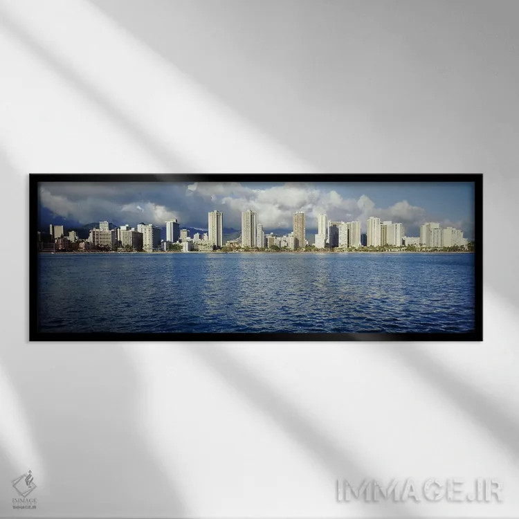 تابلو Honolulu, Oahu, Hawaii, USA,ساختمانهای کنار آب، هونولولو، اوآهو، هاوایی، آمریکا اثر پانورامیک ایمجز (استودیو عکاسی عریض) - نمای قابدار مشکی