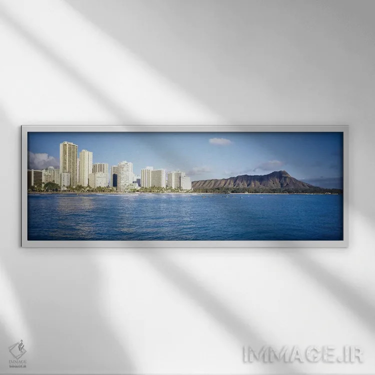 تابلو Honolulu, Oahu, Hawaii, USA,ساختمانهای کنار آب با کوه آتشفشانی در پسزمینه، هونولولو، اوآهو، هاوایی، آمریکا اثر پانورامیک ایمجز (استودیو عکاسی عریض) - نمای قابدار سفید