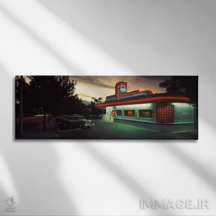 تابلو Route 66, Albuquerque, Bernalillo County, New Mexico, USA,رستوران ۶۶ روشنشده، جاده ۶۶، آلبوکرکی، شهرستان برنالیو، نیومکزیکو، آمریکا اثر پانورامیک ایمجز (استودیو عکاسی عریض) - نمای روبهرو روی دیوار