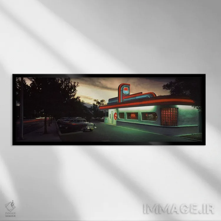 تابلو Route 66, Albuquerque, Bernalillo County, New Mexico, USA,رستوران ۶۶ روشنشده، جاده ۶۶، آلبوکرکی، شهرستان برنالیو، نیومکزیکو، آمریکا اثر پانورامیک ایمجز (استودیو عکاسی عریض) - نمای قابدار مشکی